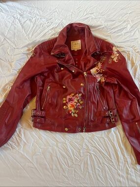 JKT NYC (M) Distressed Red Floral Leather Moto Jacket